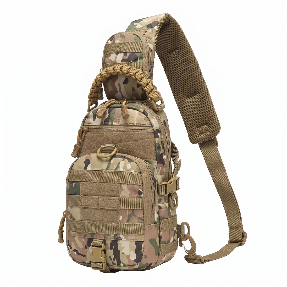 Taktische Umhängetasche in Tarnfarbe mit MOLLE-System und Paracord-Griff. Frontansicht der kompakten EDC Sling Bag für Outdoor und Alltag.
