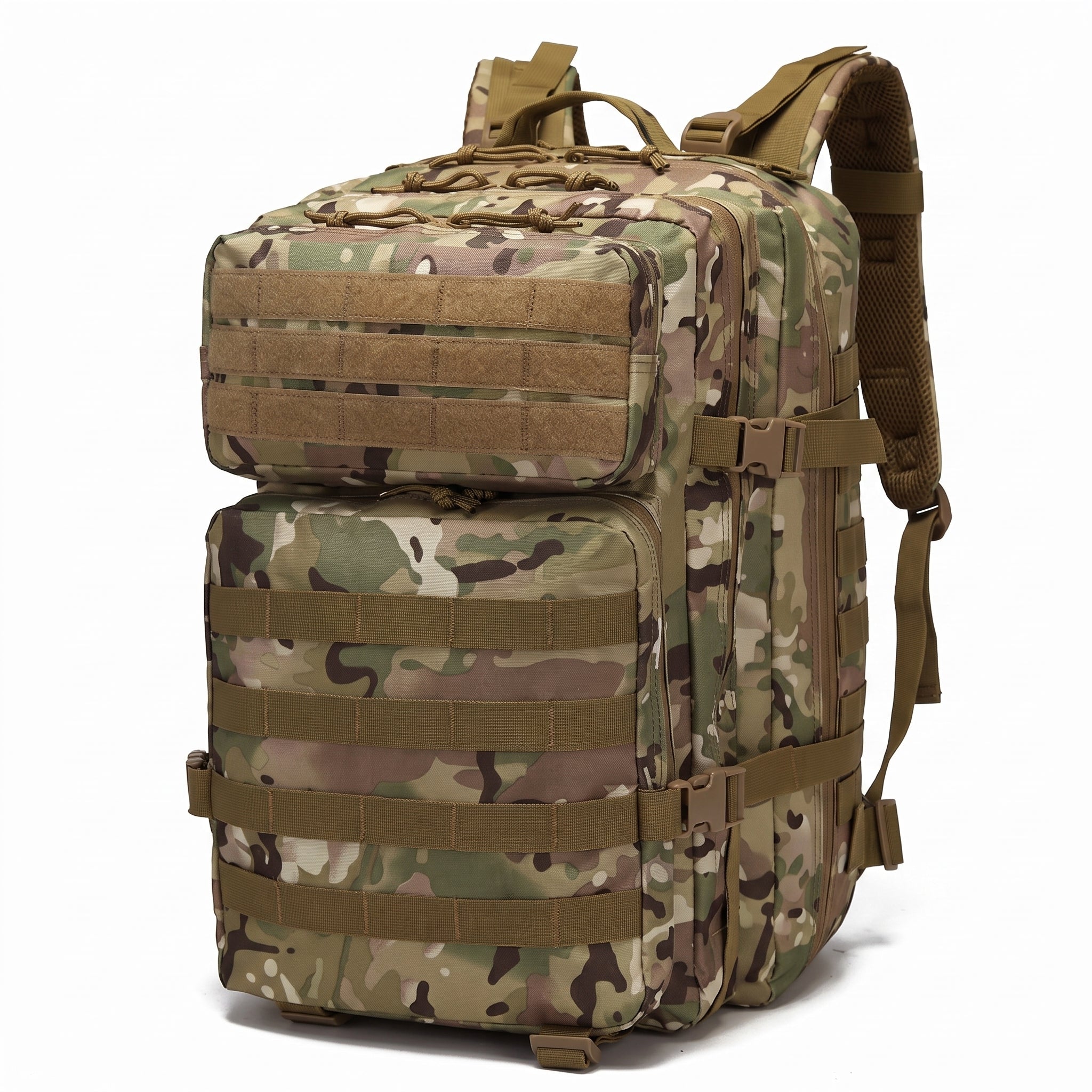 Taktischer Militär Rucksack 50L Camouflage mit MOLLE-System, Dreiviertelansicht