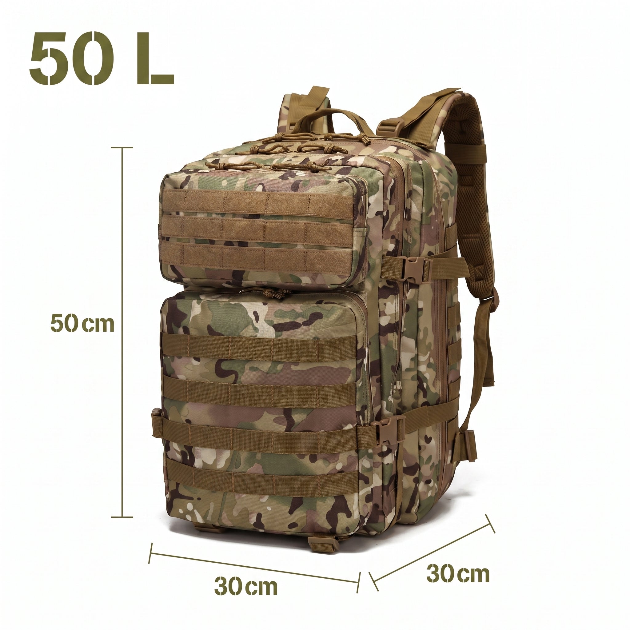 Masse und Fassungsvermögen des 50 Liter Assault Packs in Multicam