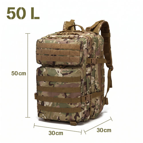 Masse und Fassungsvermögen des 50 Liter Assault Packs in Multicam