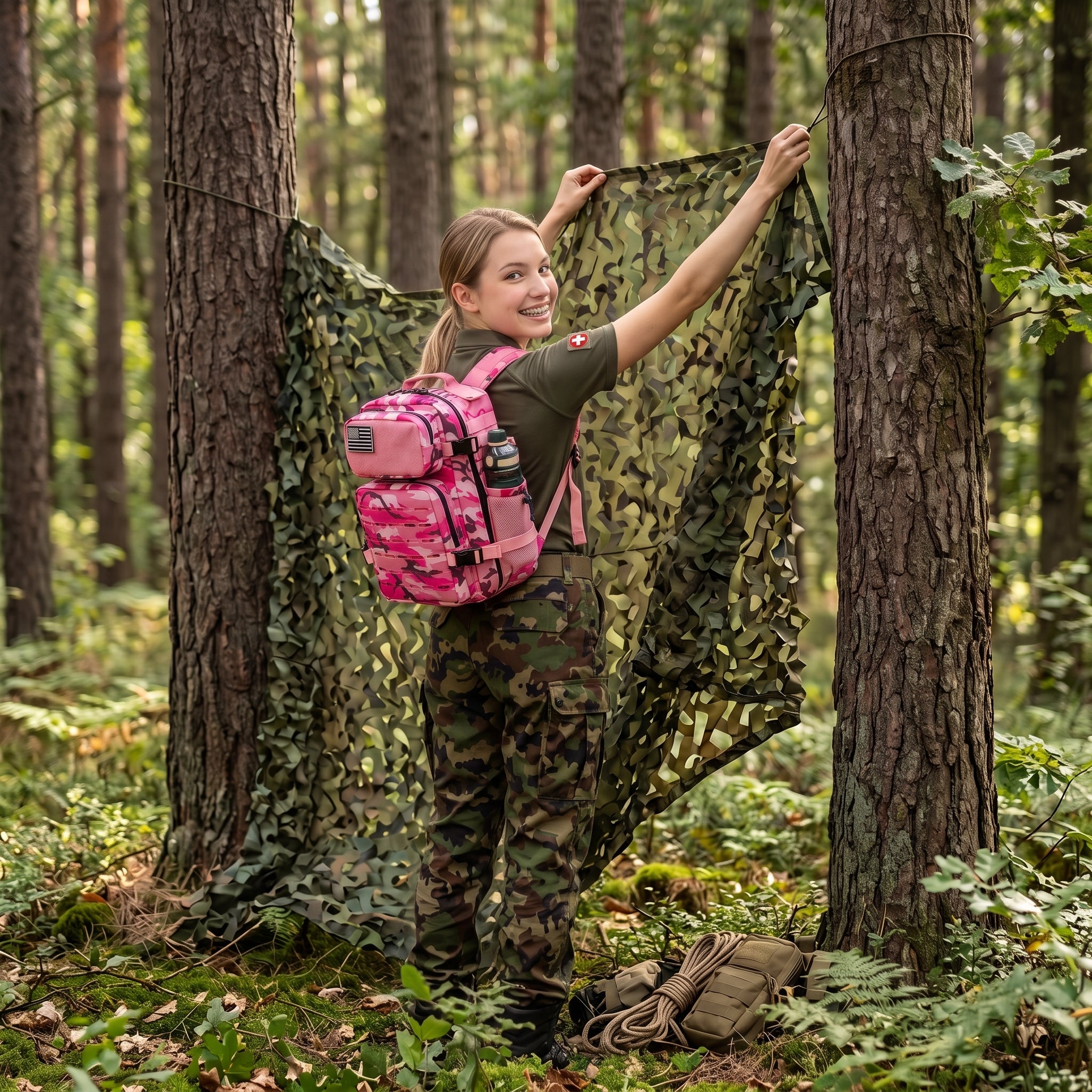 Robuster Militär Rucksack in Pink Camo im Schweizer Wald im Einsatz