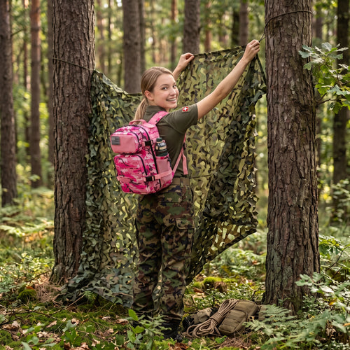 Robuster Militär Rucksack in Pink Camo im Schweizer Wald im Einsatz
