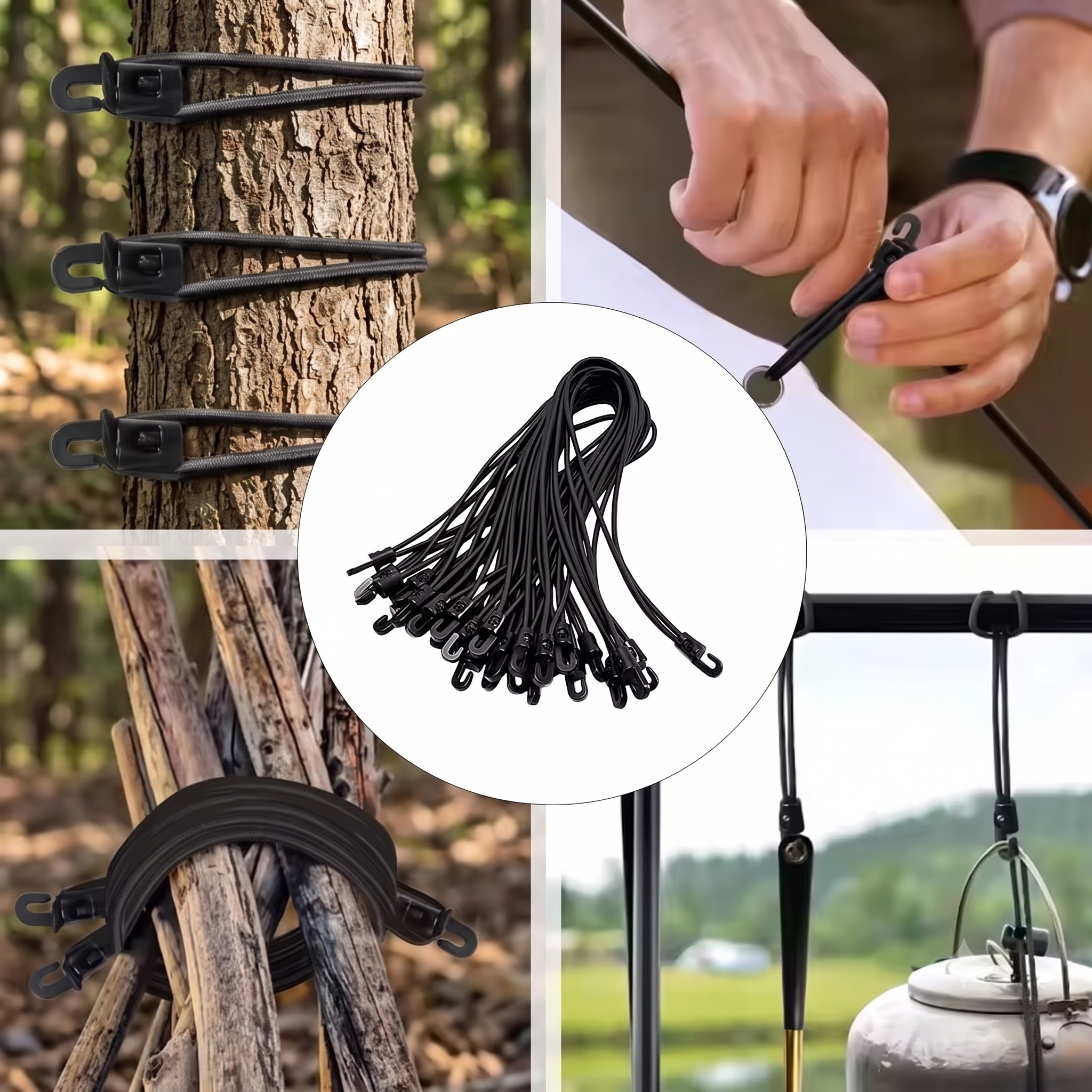 Tarp-Gummispanner mit Haken 25cm grün im Einsatz am Ast – ArmyDropz Army Shop Schweiz